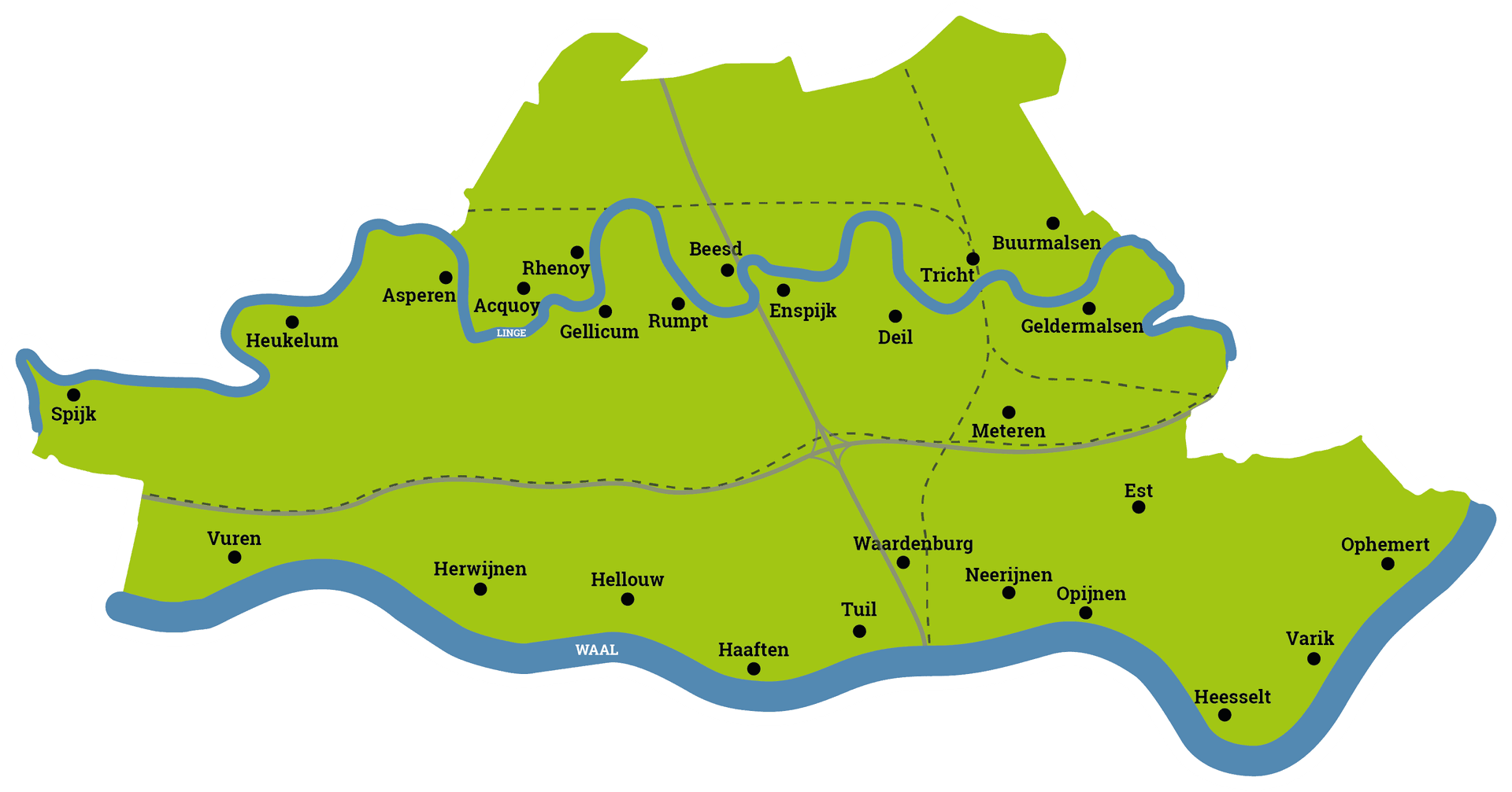 Kaart West Betuwe met rivieren en snelwegen