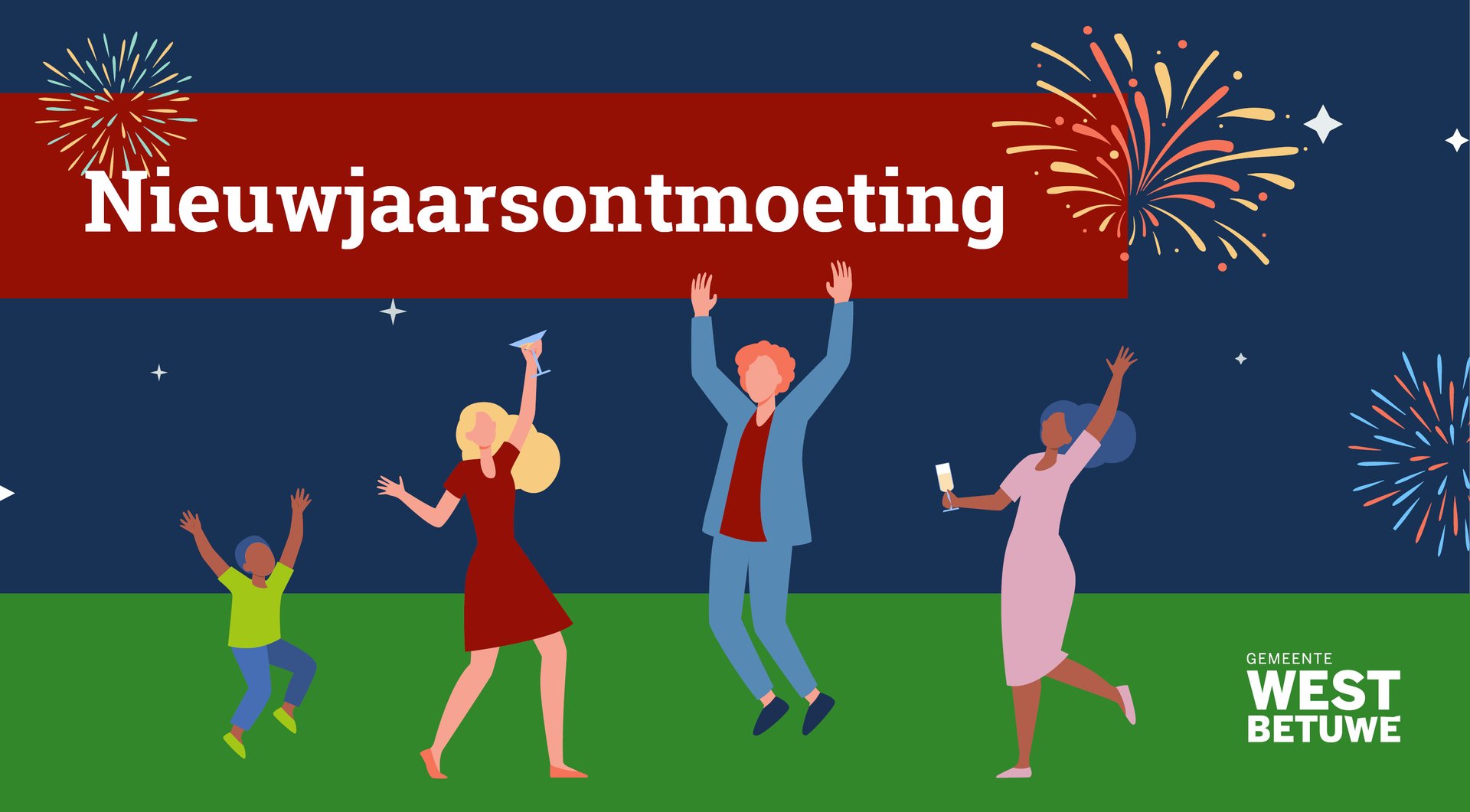 Kaart met figuren van blije mensen en vuurwerk.